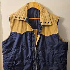 Vintage 1970s Reversible Puffer Vest - Blue/Tan Corduroy